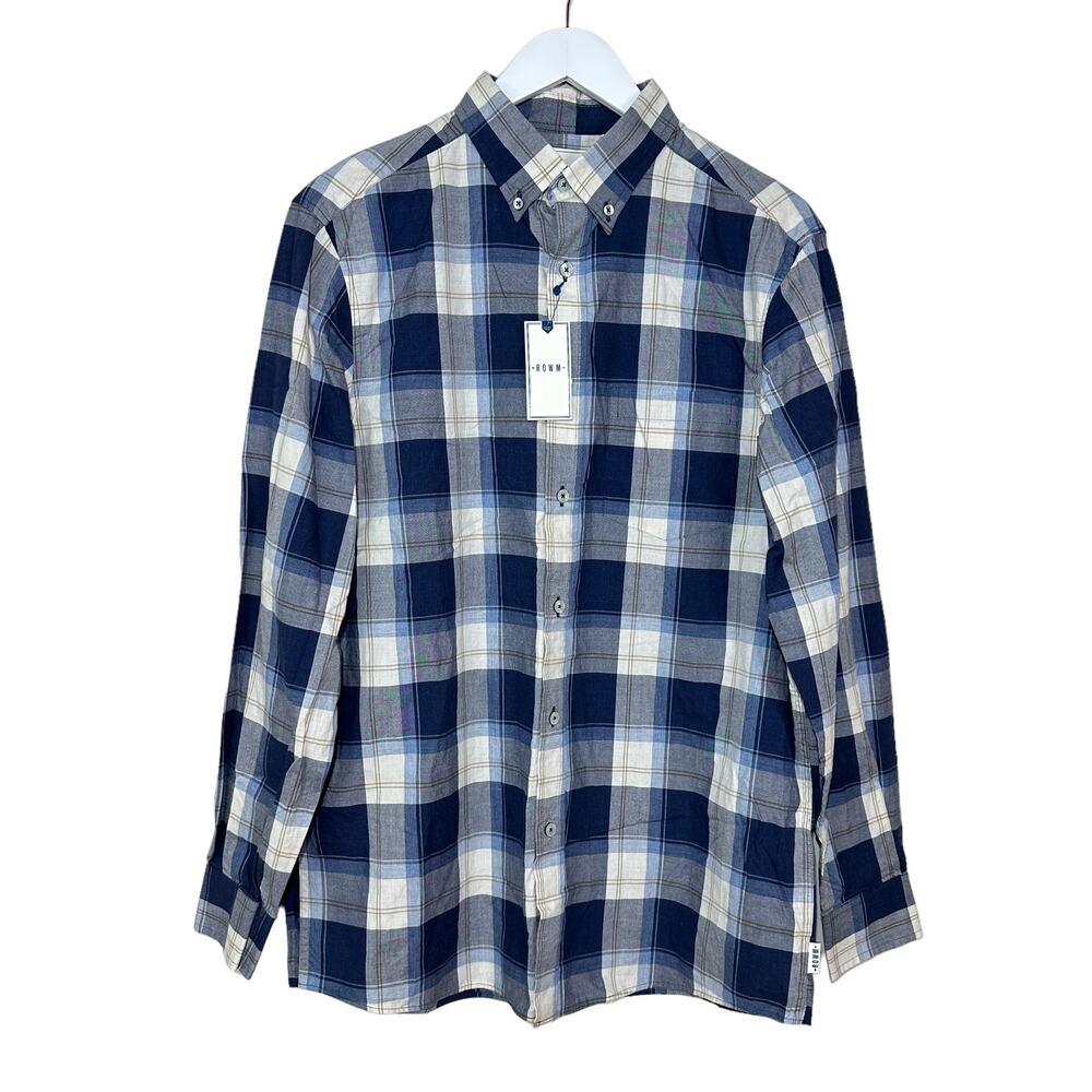 Rowm Plaid  Button Down Long Sleeve Shirt Blues Men Medium NWT